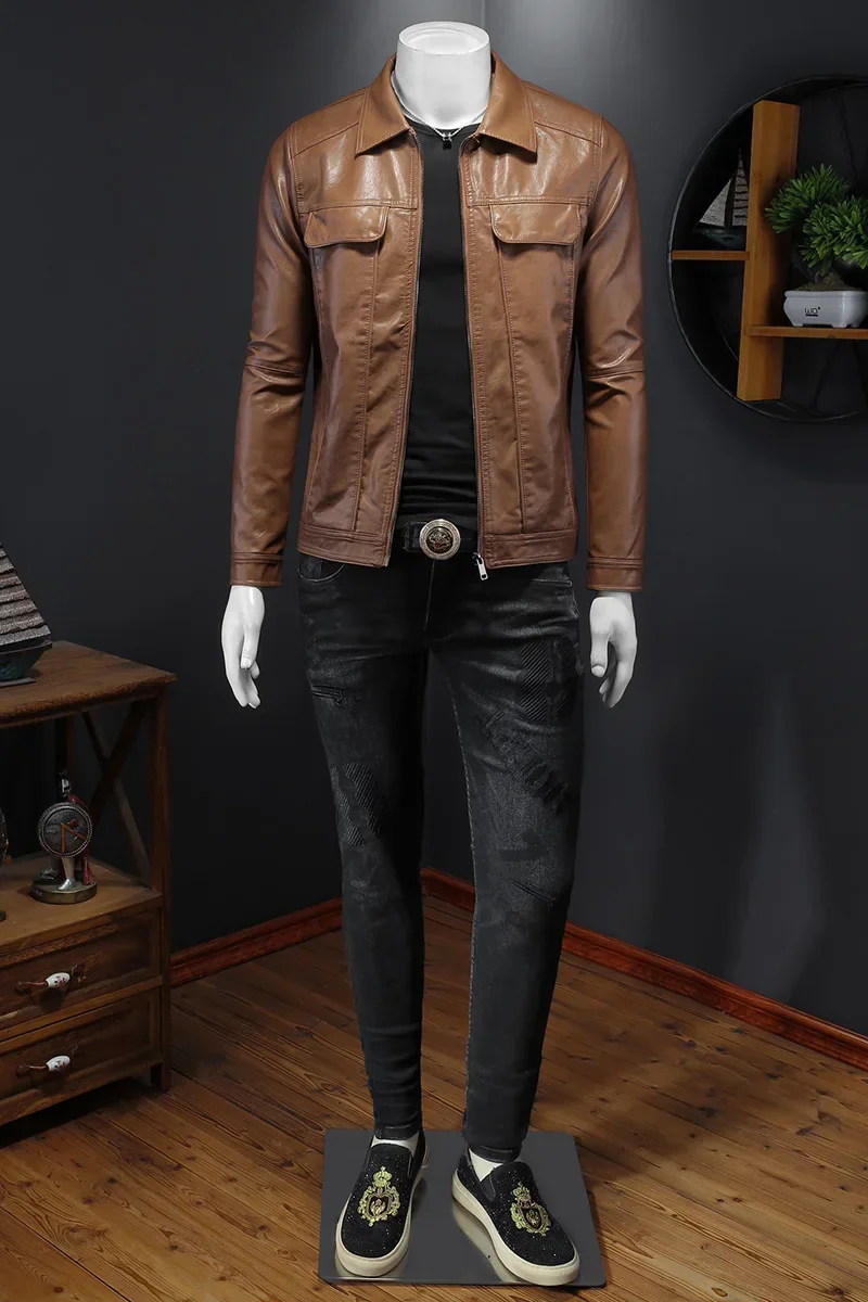 Men's Jacket Spring and Autumn Handsome Solid Color Collar Motorcycle Leather Coat Slim Fashion Leather Jacket Large M-6XL