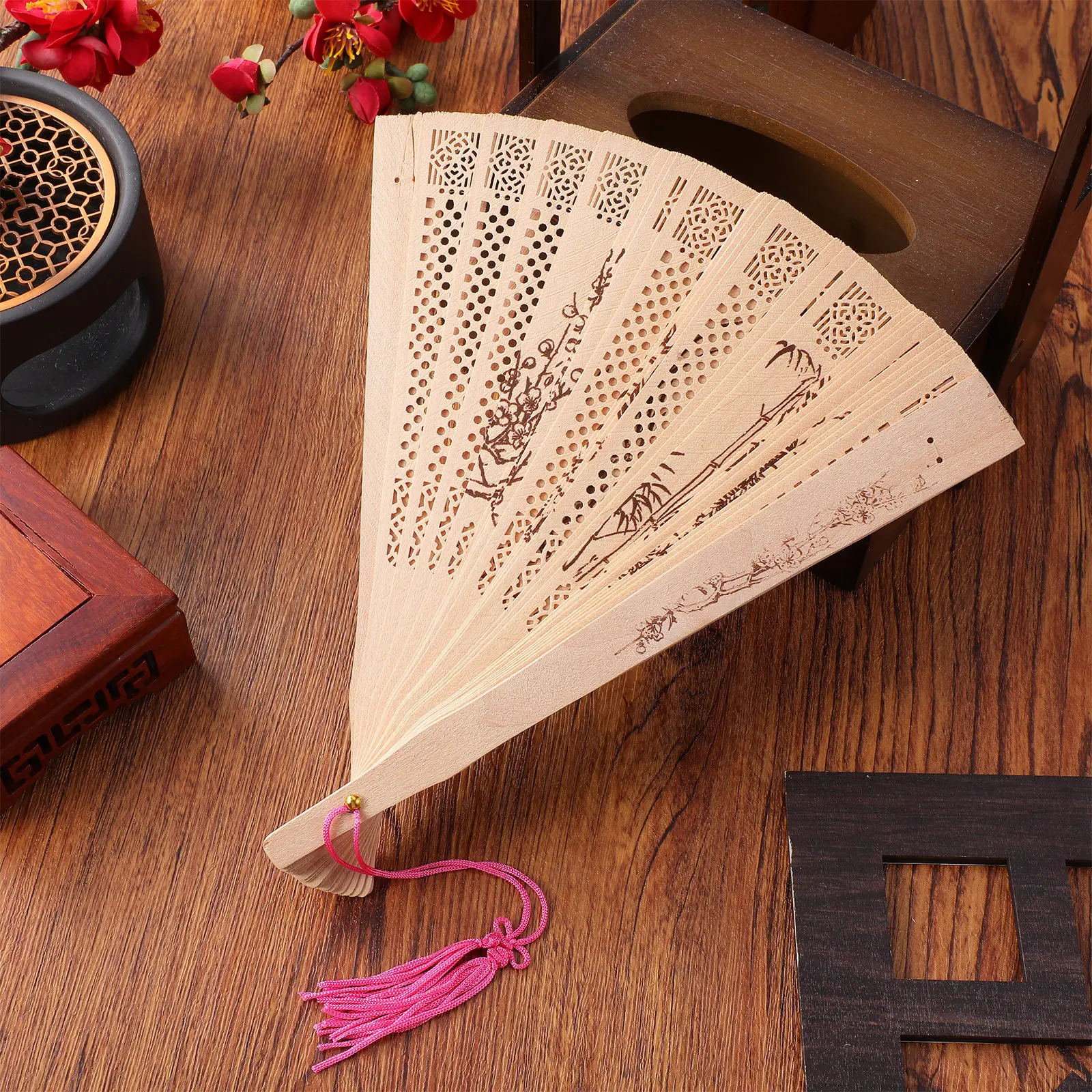 Foldable Sandal Wood Fan Hollow Handheld Elegant Chinese Style Wood Folding Fan for Summer Show Stage Performance Daily Use