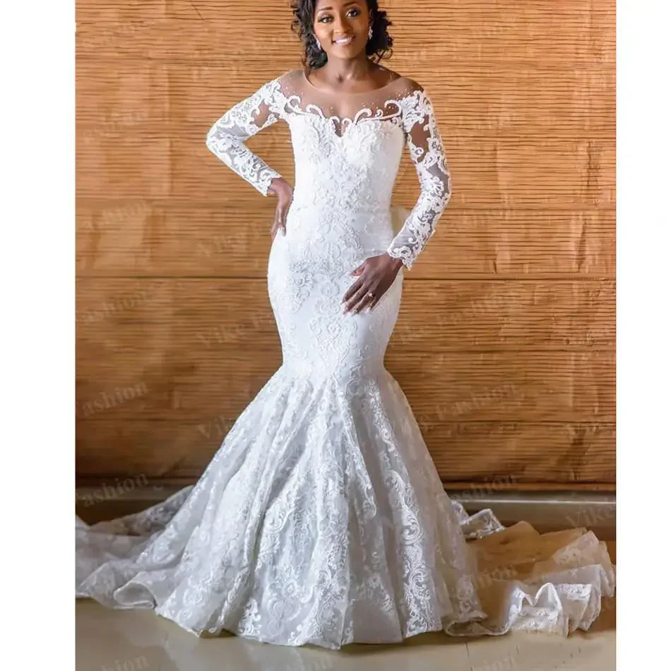 

Customized Stunning Scoop Lace Beaded African Wedding Dresses Robe De Mariée 2023Illsion Buttons Long Sleeves Mermaid Bridal Go