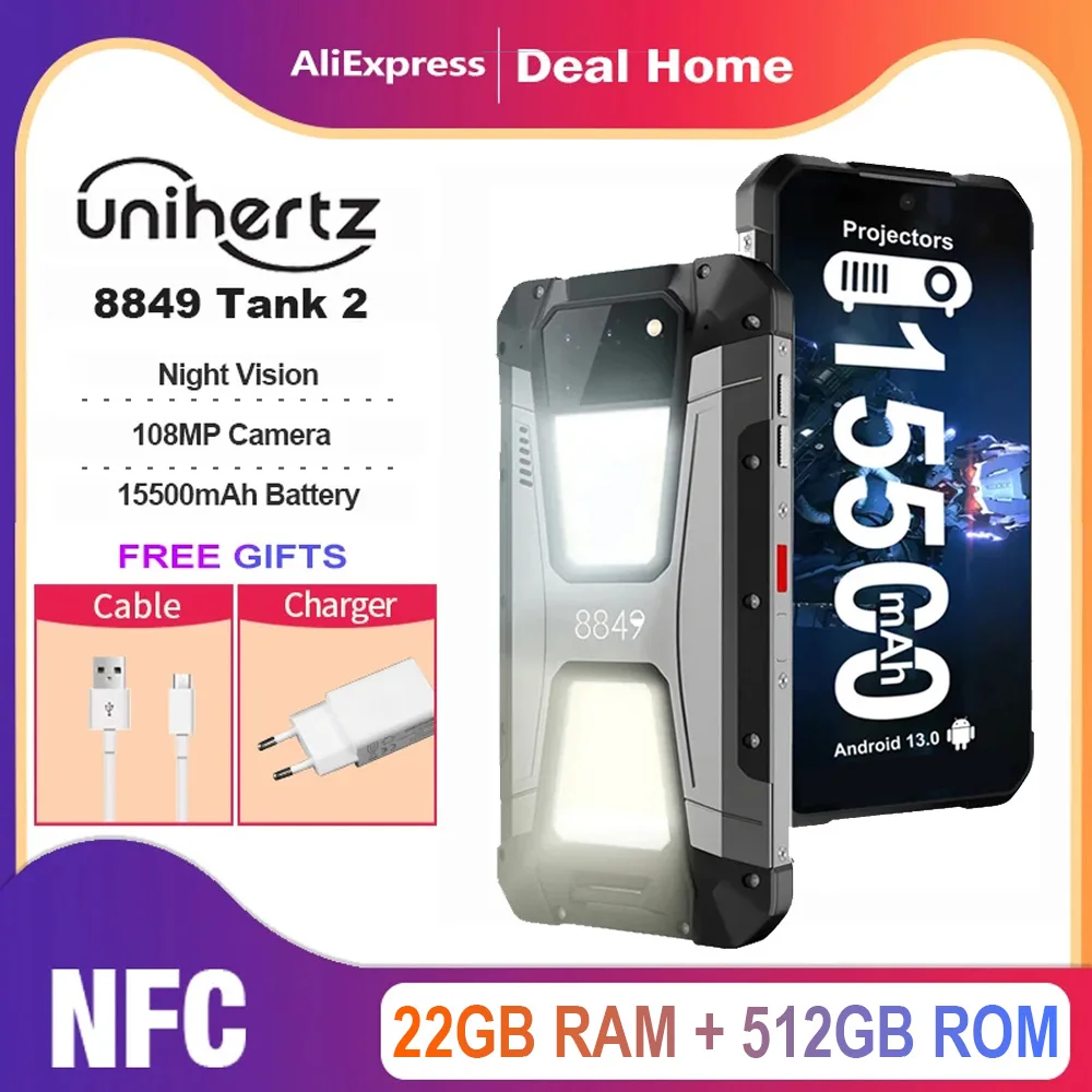 Unihertz 8849 Tank 2 Projector Rugged 512GB ROM 15500mAh 6.79