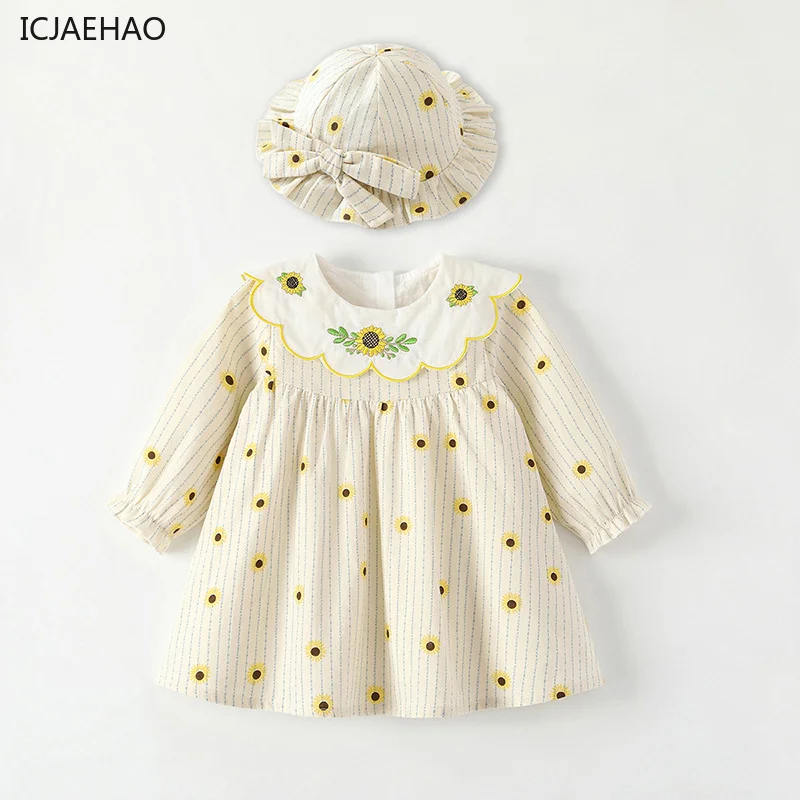 

ICJAEHAO 2024 Children's Skirt Autumn Sunflower Flower Doll Collar Long Sleeve Girl's Princess Dress Going Out Foreign Style