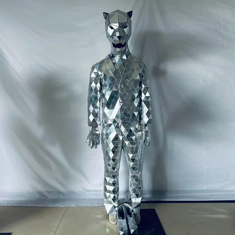 

2025 Men Silver Mirror Costume Reflective Shiny Cosplay Suit Mr.Animal Clothing vestido baile 거울 의상 현대무용복