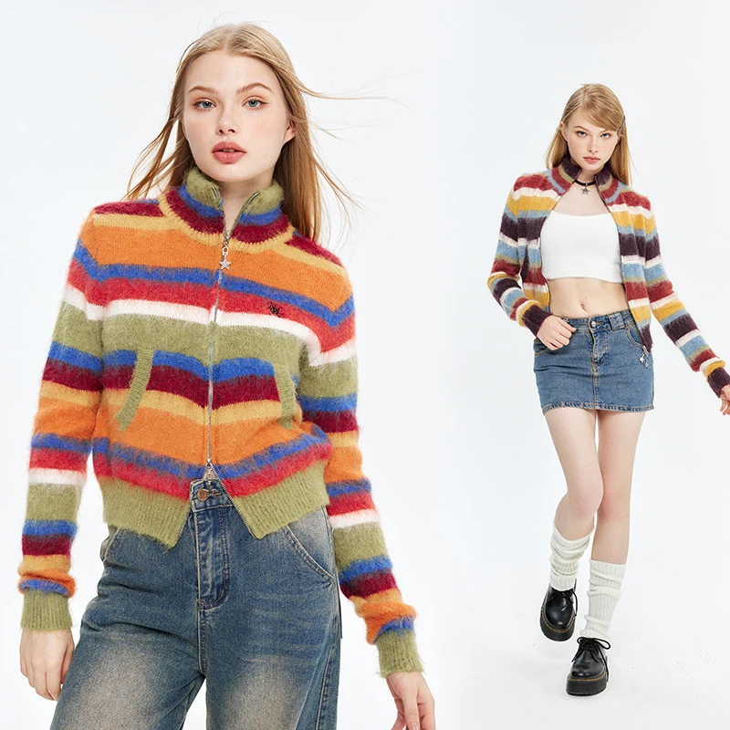 

Autumn America Style Colorful Striped Women Sweater Fashion Half High Collar Zipper Long Sleeve Slim Fit Simple Versatile Tops