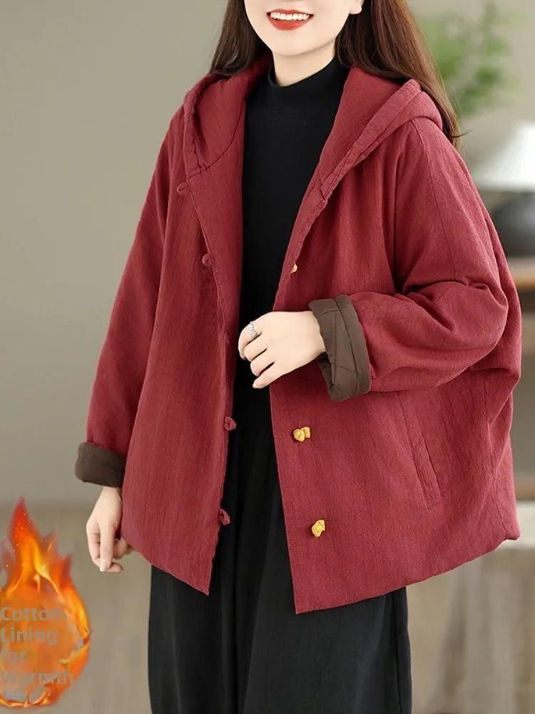 

Retro Red Thickened Cotton Linen Jacket Women's Winter Coat with Hood Traditional Chinese Style Button Short Outerwear