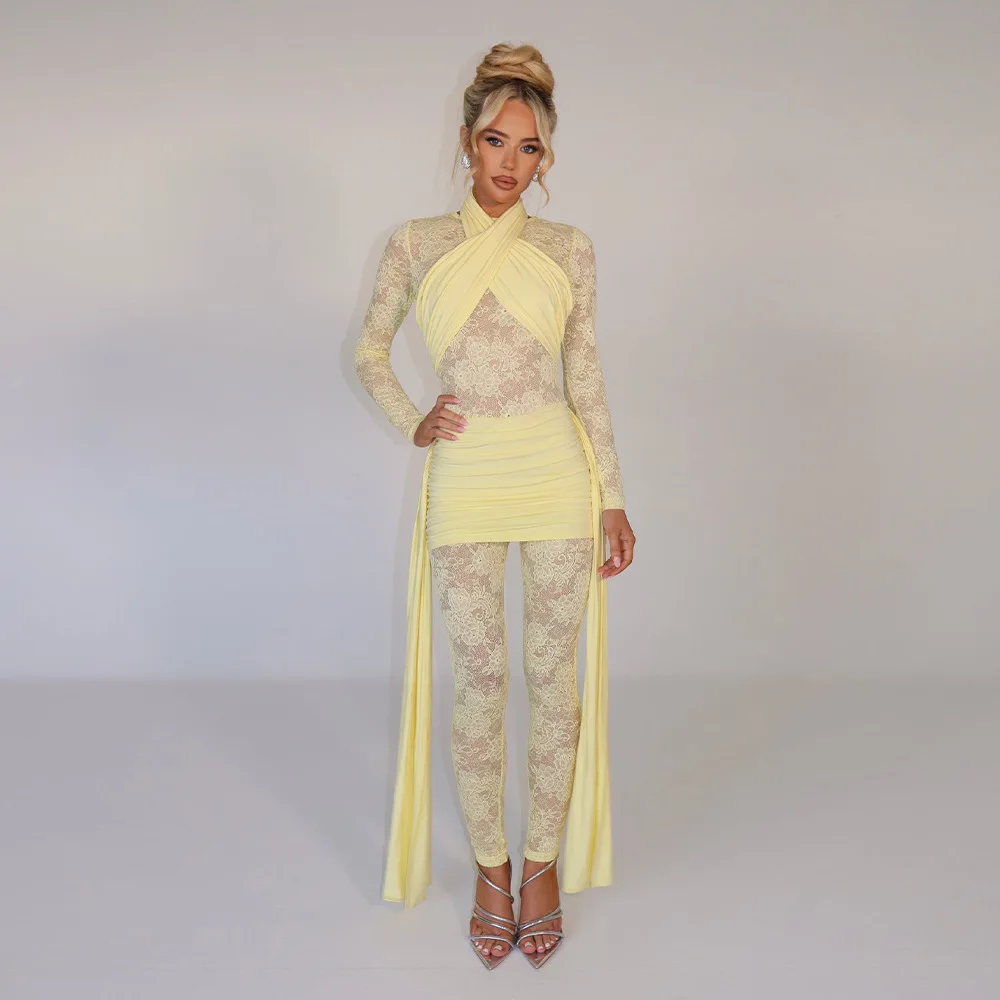 Yellow Lace Women Jumpsuit Halter Evening Dress Sexy Sheer Full Sleeves Pant Robe Formal Casual Beach Holiday Party Prom Gown