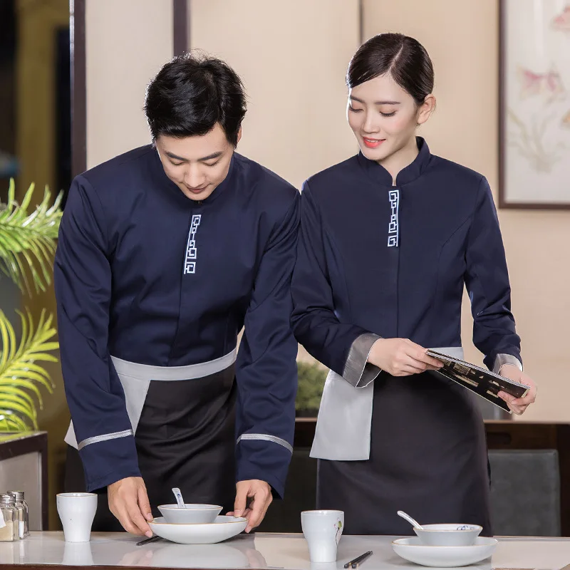 

Artist Tea House Decoration Autumn and Winter Chinese Restaurant Long-Sleeve Working Clothes Waiter Hot Pot Cloth