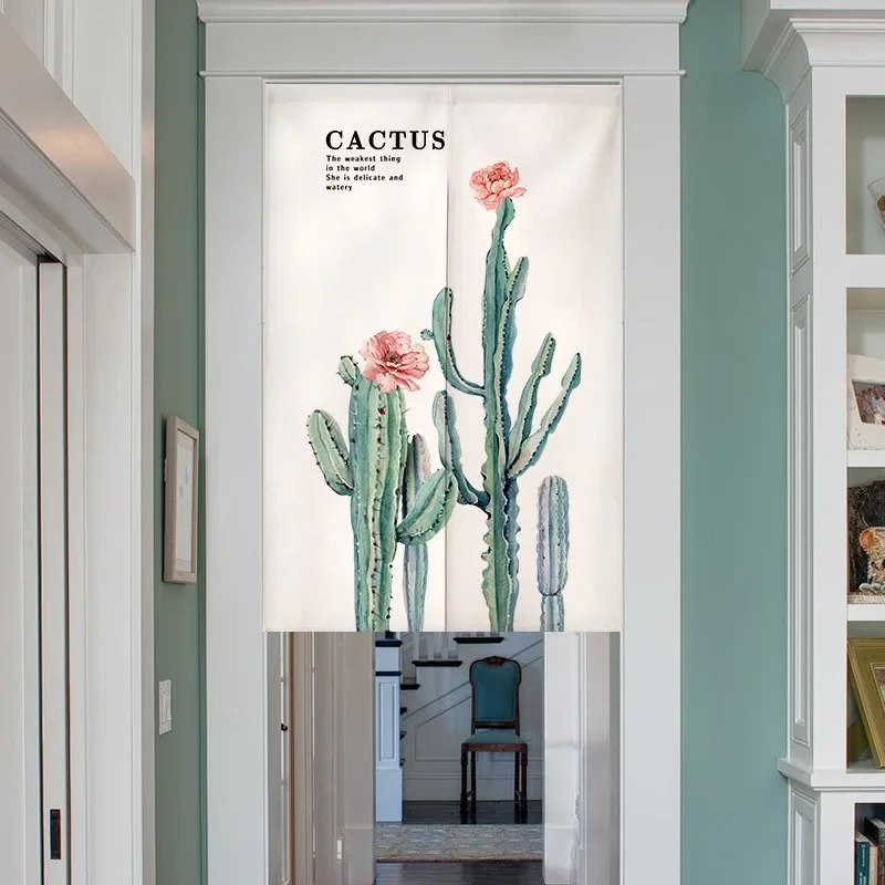 Green Plant Cactus Door Curtain Japanese Kitchen Door Curtain Print Partition Curtain Drape Entrance Decor Hanging Half-Curtains