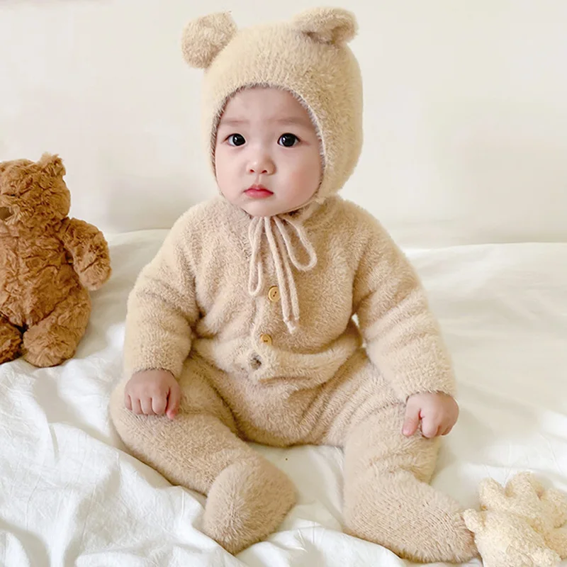 2 Stück Winter Baby Stram pler Hut Kunst pelz Fuß Neugeborenen Overalls für Mädchen Jungen Kleidung weich warm Kleinkind Outfit Set Kinder kleidung