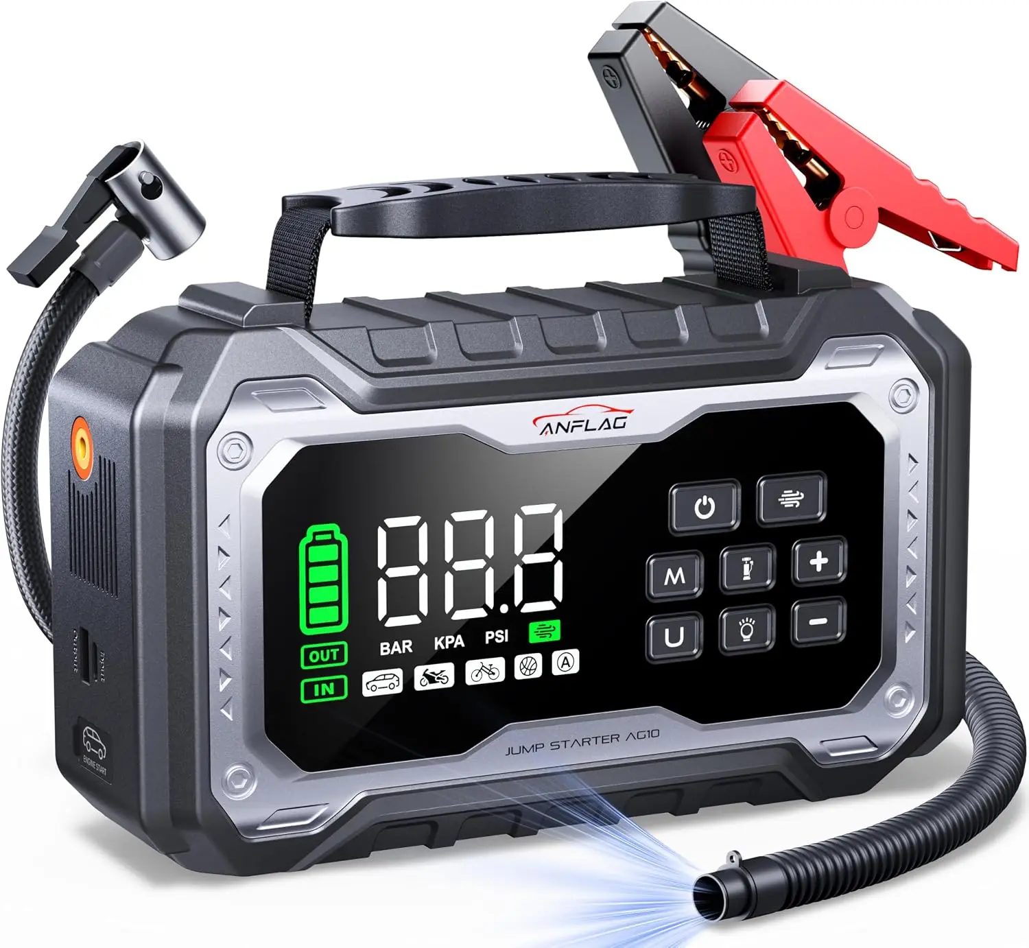 8000A Portable Jump Starter with Air Compressor, 12V Car Battery Booster Pack for All Gas and 14L Diesel Engines, 160PSI Tire Inflator, 165L/min Blower, 4-Mode 800LM LED, Jump Box