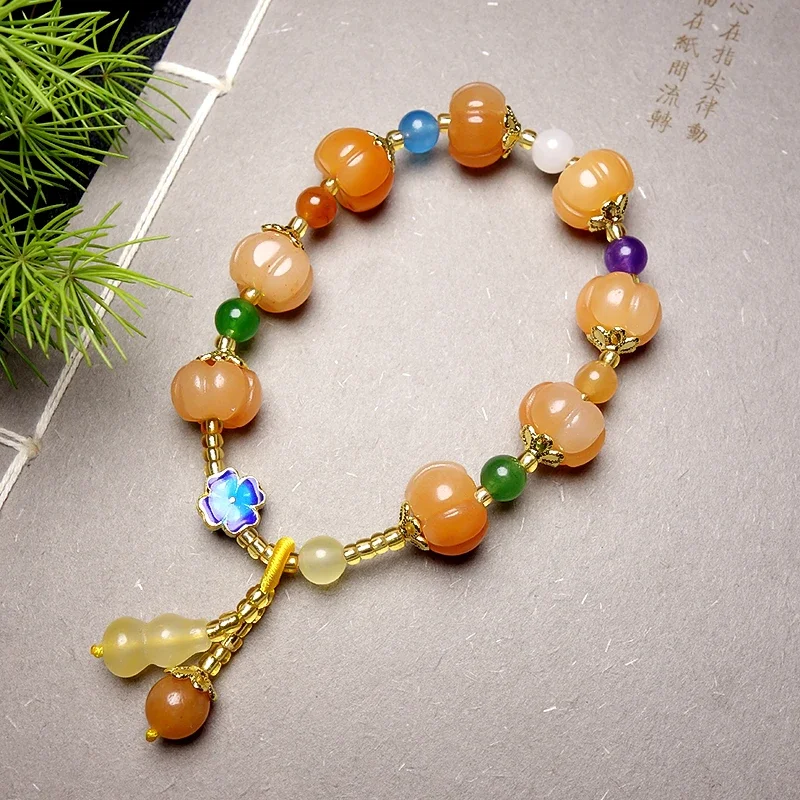 Pulsera de Jade Hetian de un solo anillo para mujer, pulsera de cuentas de calabaza de Jade de alambre dorado, cuentas de Jade de Color genuino Natural, alta calidad