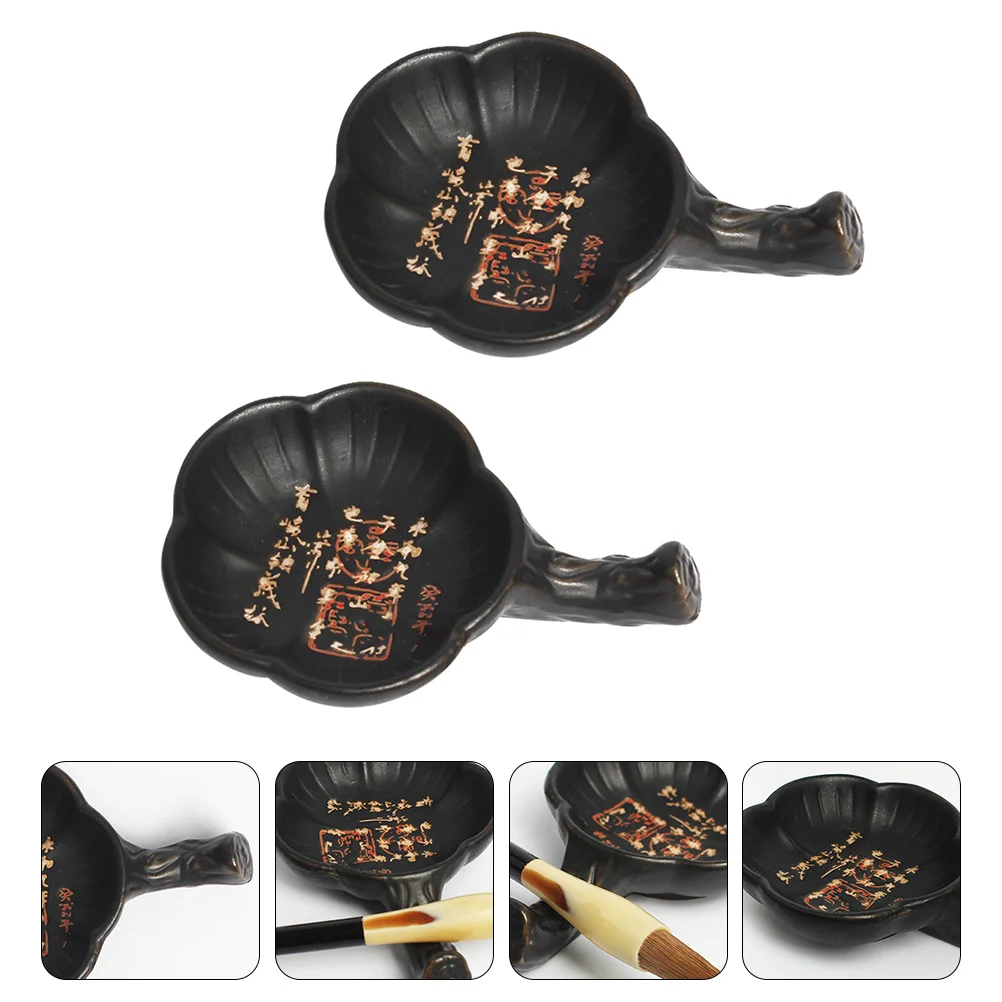 

2Pcs Ceramic Ink Plate Floral Dish Calligraphy Brush Tray Smooth Surface for Students and Calligraphers