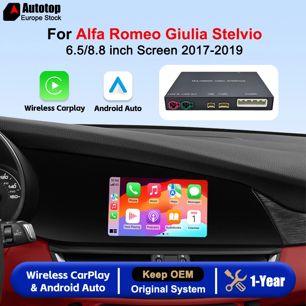 Boîtier de mise à niveau pour CarPlay sans fil et Android Auto, compatible avec les modèles Alfa Romeo Giulia Quadrifoglio et Stelvio, écrans de 6,5/8,8 pouces, modèles 2017-2019, avec fonction CarPlay Mirror Link, AirPlay, Bluetooth, USB, GPS, navigation et module multimédia pour voiture.