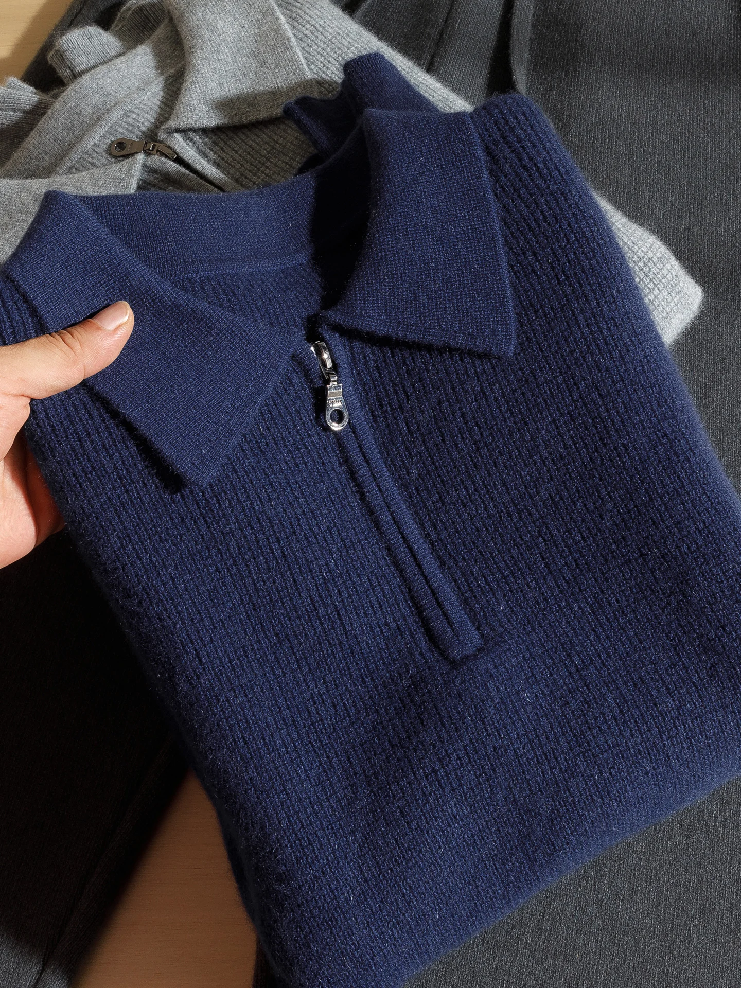 

100% pure cashmere sweater men's lapel half zipper medium thick long sleeve pullover long sleeve sweater