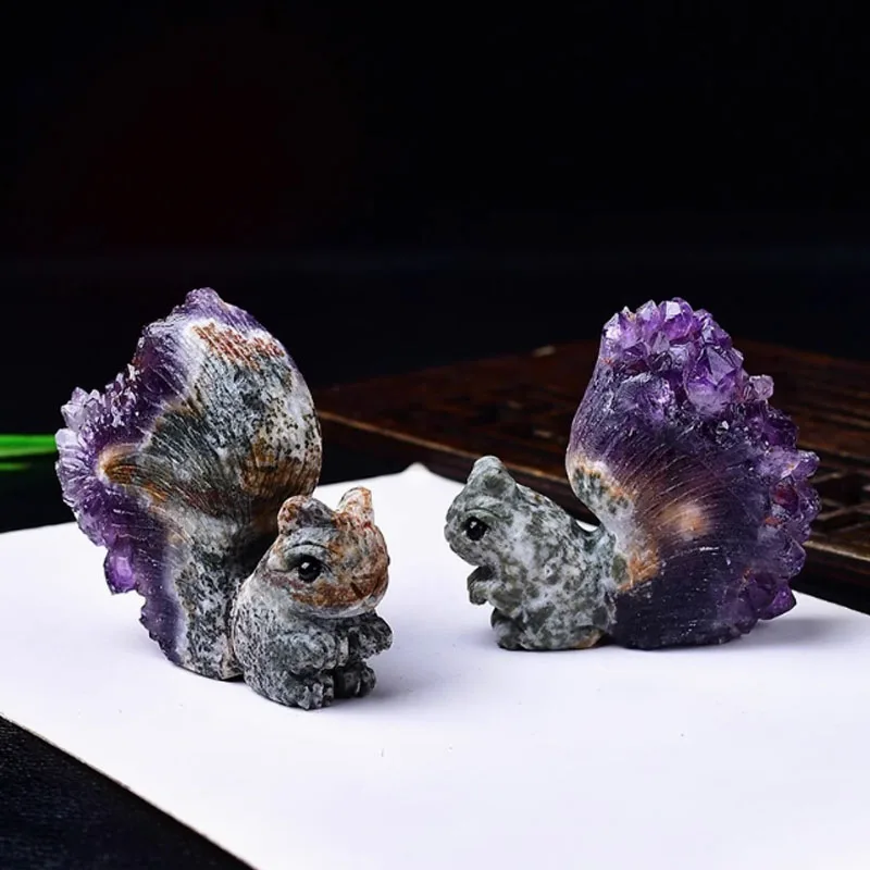 Natural Amethyst Geode Squirrel Figurine Small Freeform New Quartz Crystal Druzy Cluster Animal Home Decoration