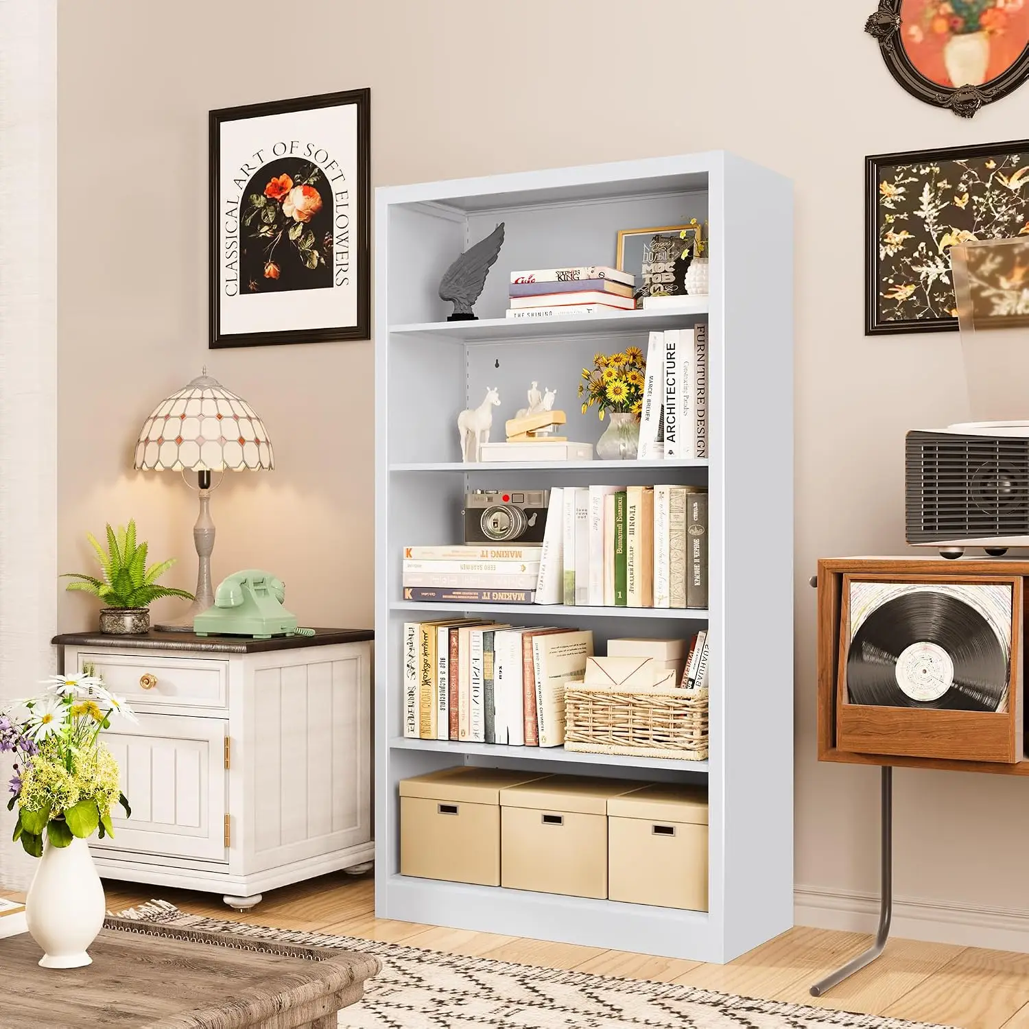 5-Shelf Metal Bookcase Adjustable Storage for Books CDs Toys Home Office Living Room Library, Customized