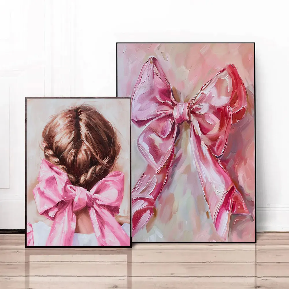 Girl Pink Bow Hair Clip Canvas Painting Poster Cute Princess Dress Decoration Child's Bedroom Wall Art Pictures Aesthetic Gifts