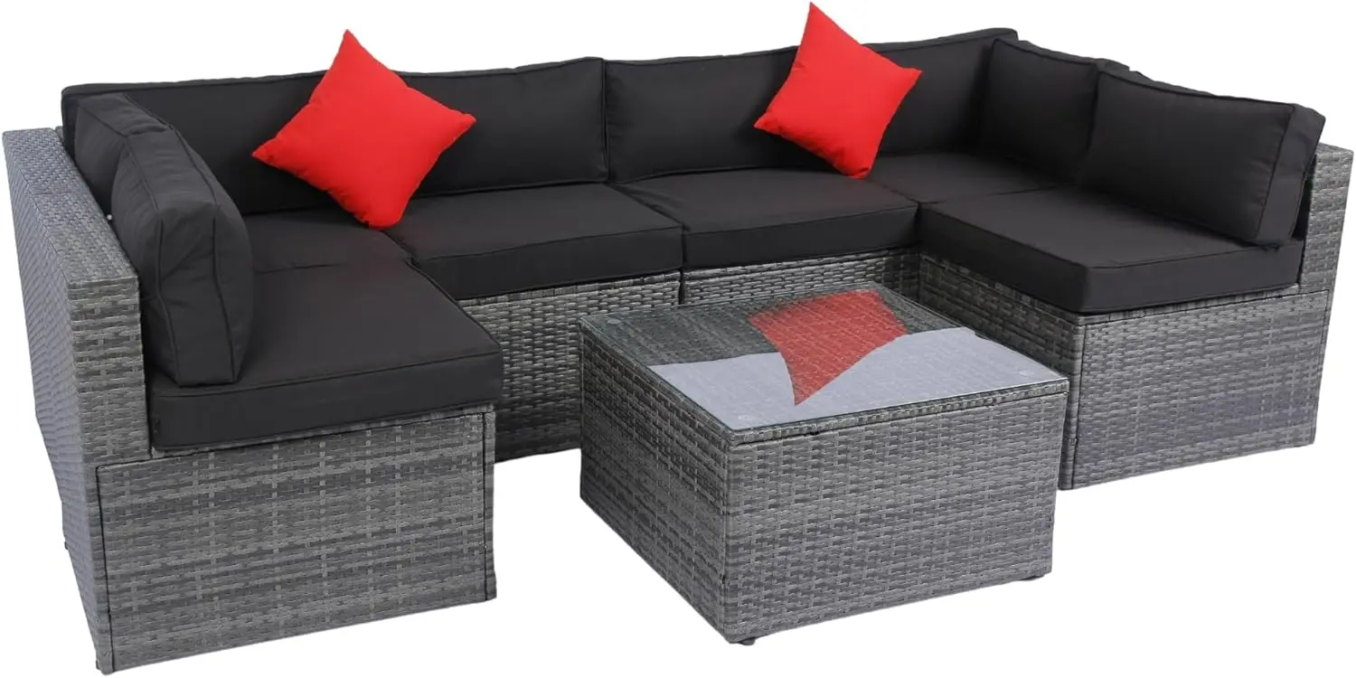 Patio Furniture Set with Coffee Table and 2 Pillows, PE Rattan Outdoor Conversation Sectional Sofa Seating Goup