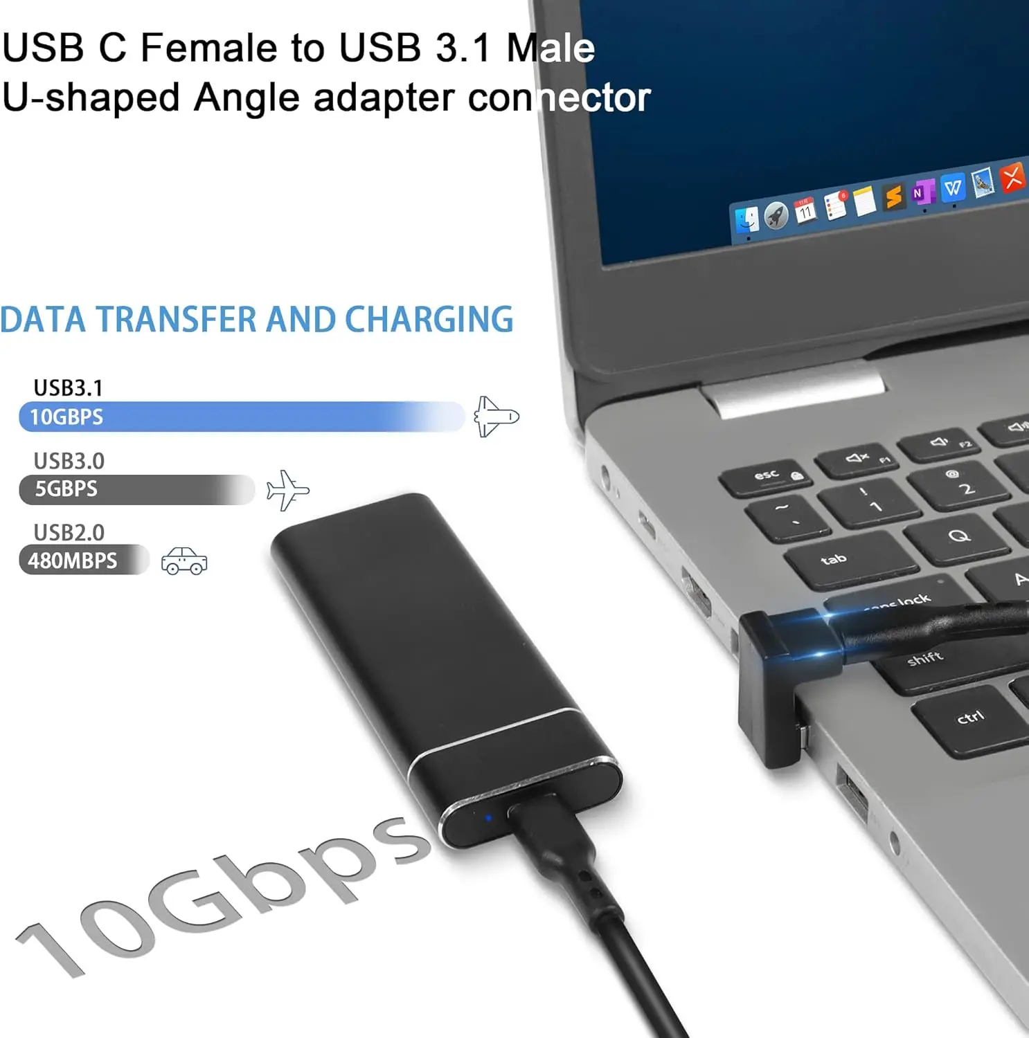 Conector USB A macho A USB C hembra, Conector de ángulo de 180 ° para carga 3A, transferencia de datos OTG, para ordenador portátil y tableta, 2 piezas, 10Gbps