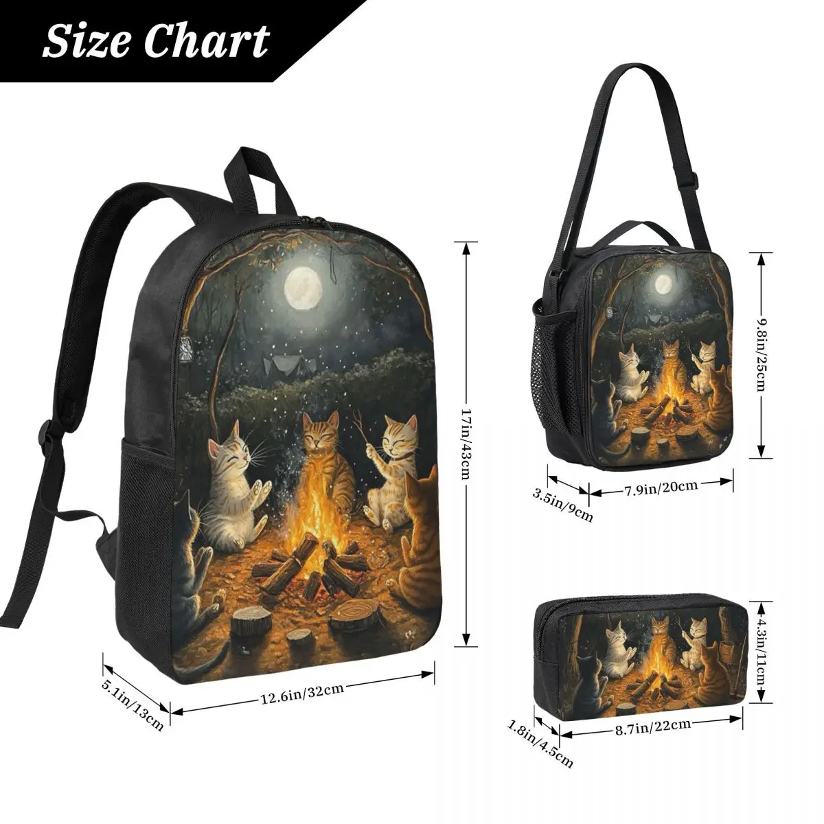 Cat Bonfire Dance Party Backpack Boys Girls BookBag School Bag Laptop Shoulder Bags 3ps Insulated Lunch Bag Pencil Case