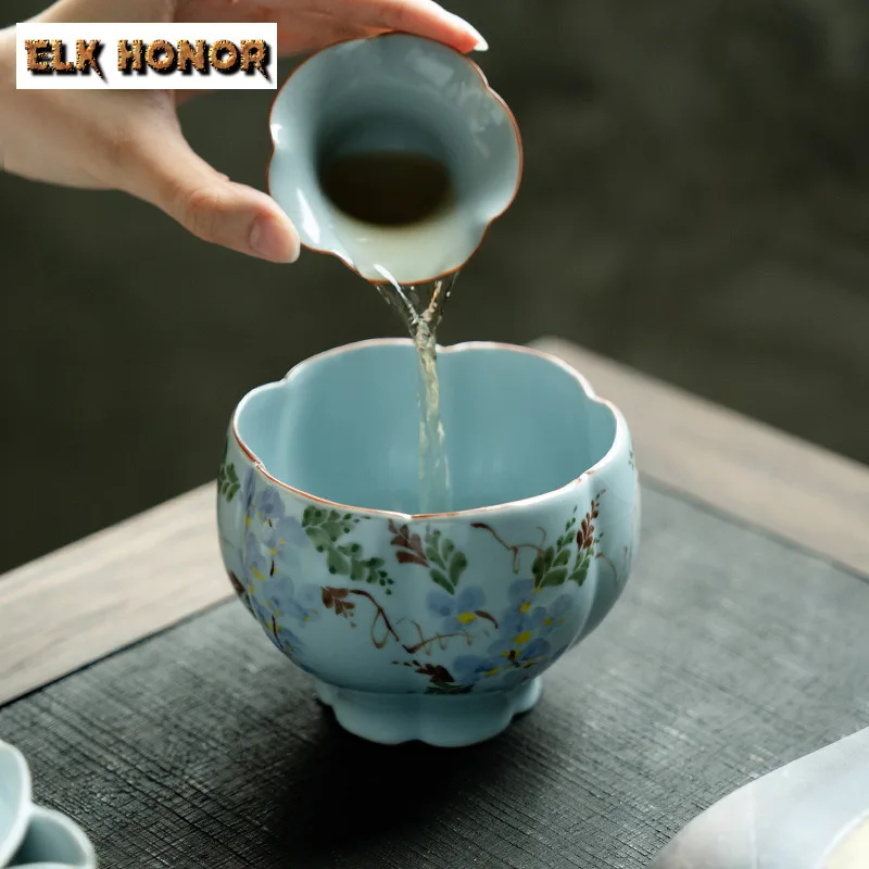 

550ml Ru Kiln Hand-painted Wisteria Jianshui Tea Cup Wash Tea Residue Bucket Water Washing Slag Tank Chaxi Tea Ceremony Craft