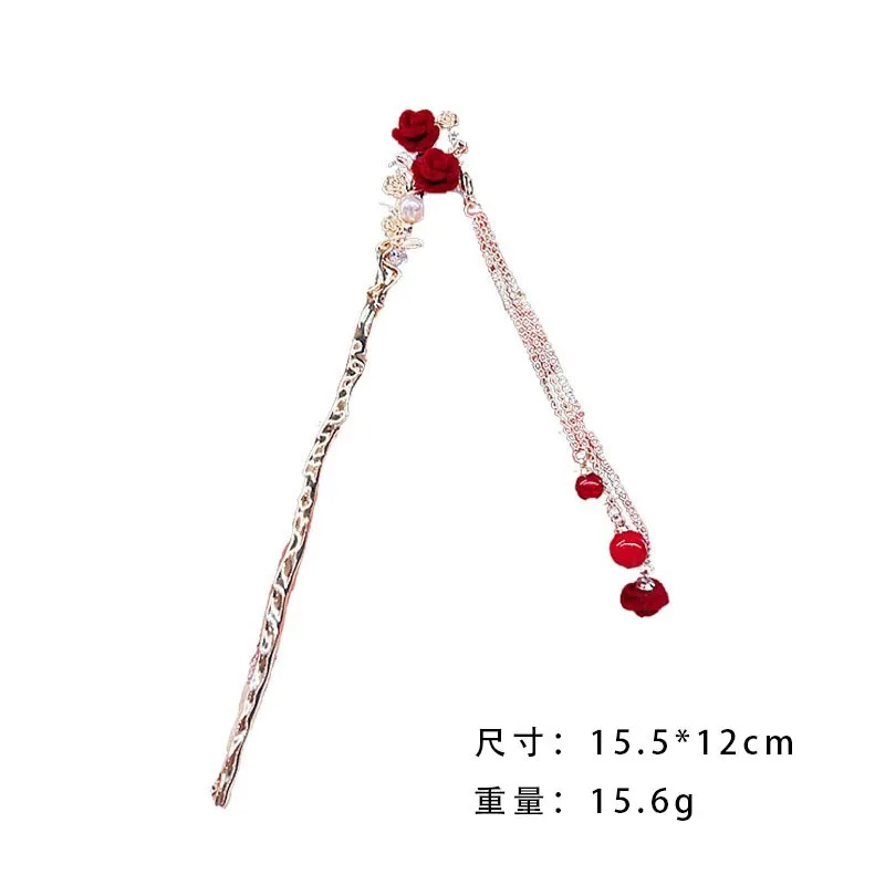 2024 New Chinese Style Hair Clip Retro Flocking Rose Tassel Hairpin Ancient Hairpin Senior Sense  Wedding Party Hair Accessories