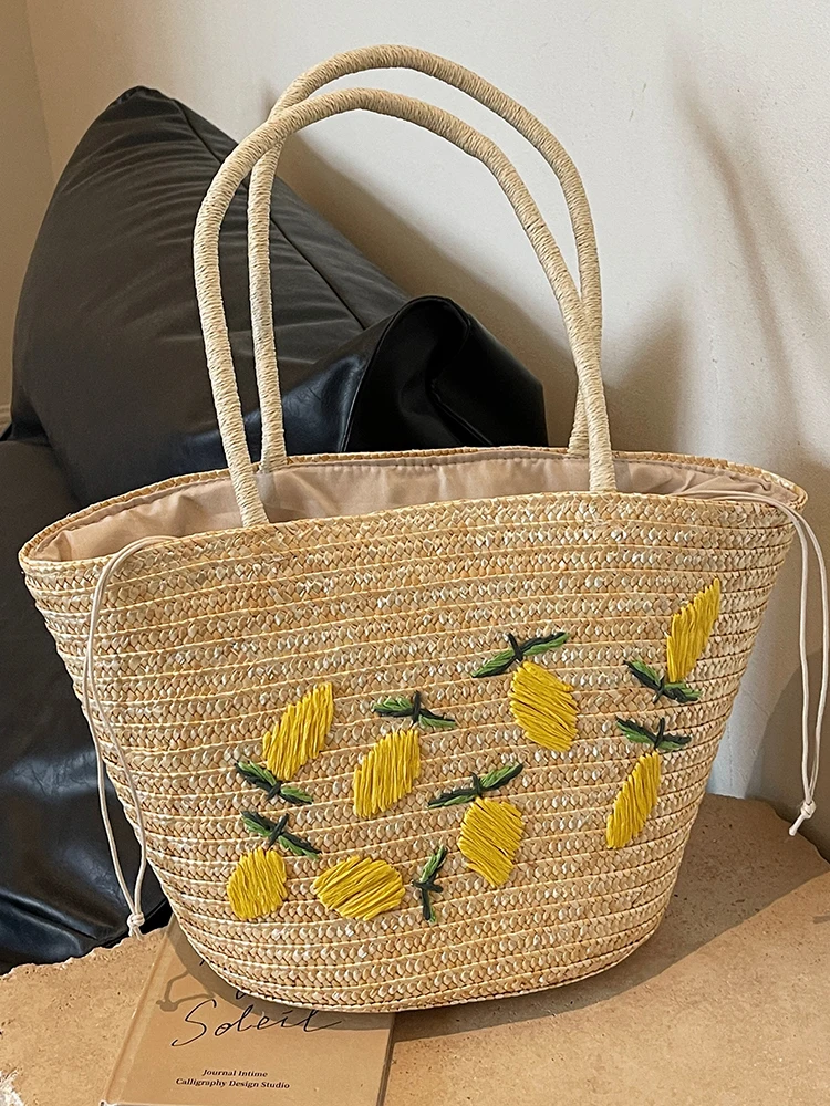 Large Capacity Straw Casual Women Shoulder Bags Fashion Embroidery Weave Ladies Underarm Bag Simple Travel Beach Female Handbag