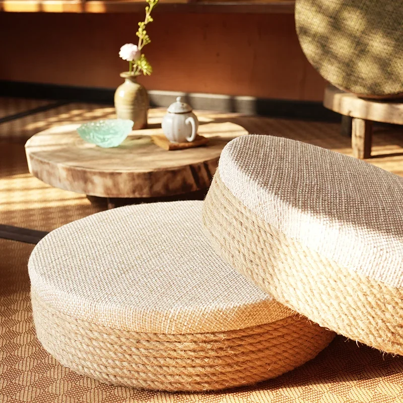 

Hemp Rope Floor Cushion Round Tatami Seat Meditation Stool Boho Pouf for Tea Ceremony Retro Ottoman Dia40XH10cm