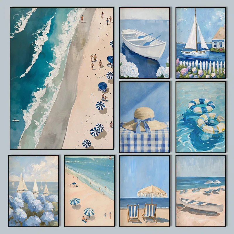 1pc frameless Canvas Painting Blue Coastal Beach Sailboat Hydrangea Landscape Posters Prints Canvas Painting Wall Art Pictures L