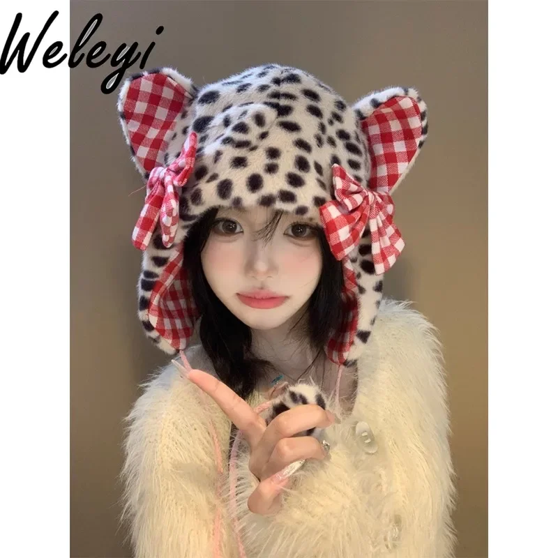 

Gorros Invierno Y2k Bow Leopard Print Cat Ear Plush Hat for Women Warm Hats Autumn and Winter 2024 New Thickened Cold-proof Caps