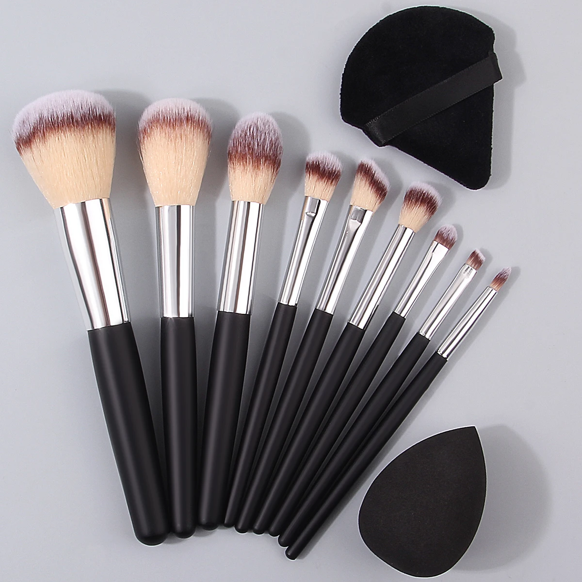 9PCS Black wooden-handled makeup brush set, loose powder, blush, eyeshadow brush, sponge makeup egg + triangular powder puff