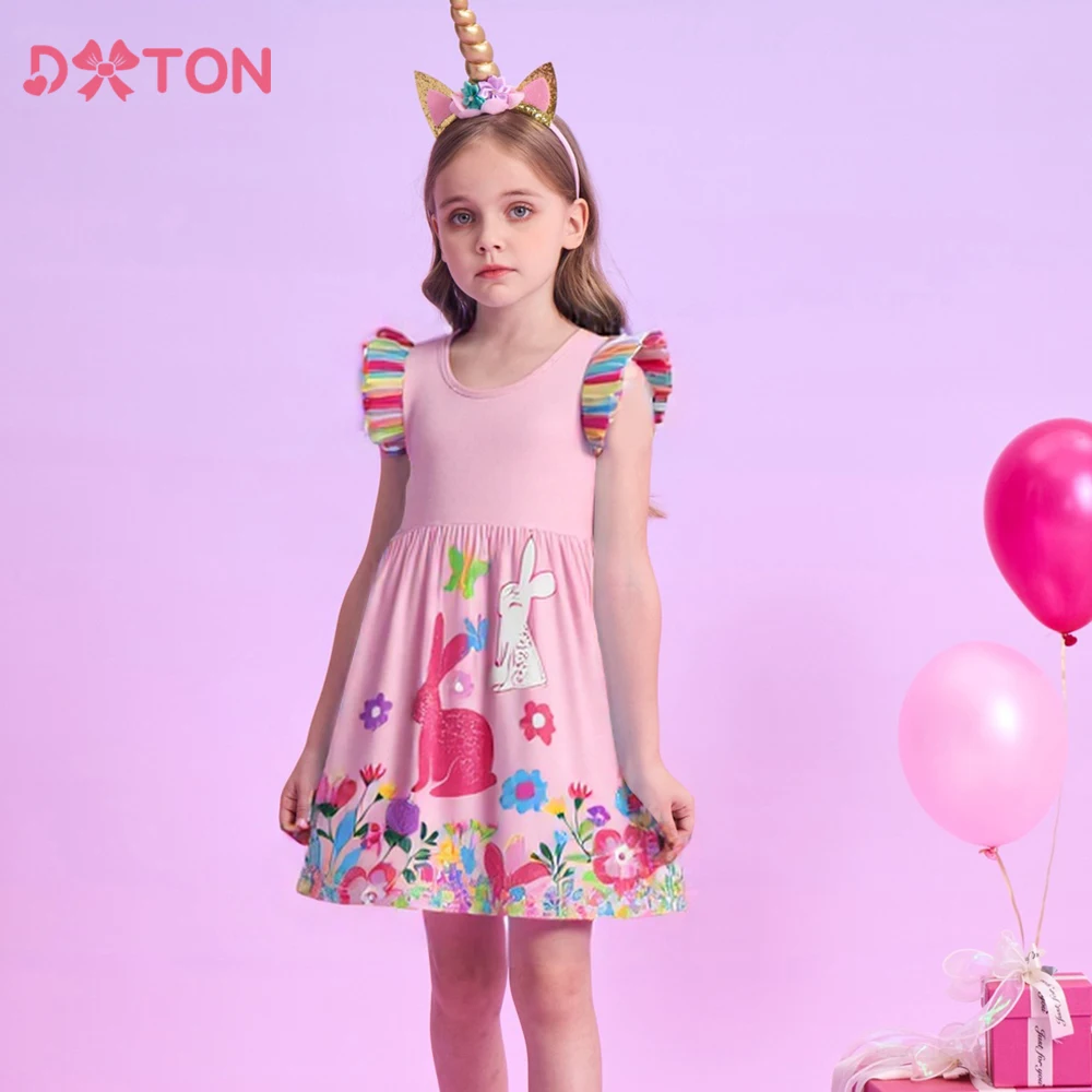 

DXTON Children's Cotton Dresses Ruffle Sleeveless Summer Girls Daily Dress Rabbit Floral Pink Toddler Holiday Sundress Clothing