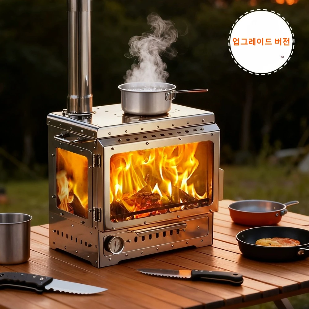 Stainless Steel 3 Glass Fire Observation Fireplace Brazier Portable with Chimney Oven Camping Outdoor Wood Stove Tent Heater