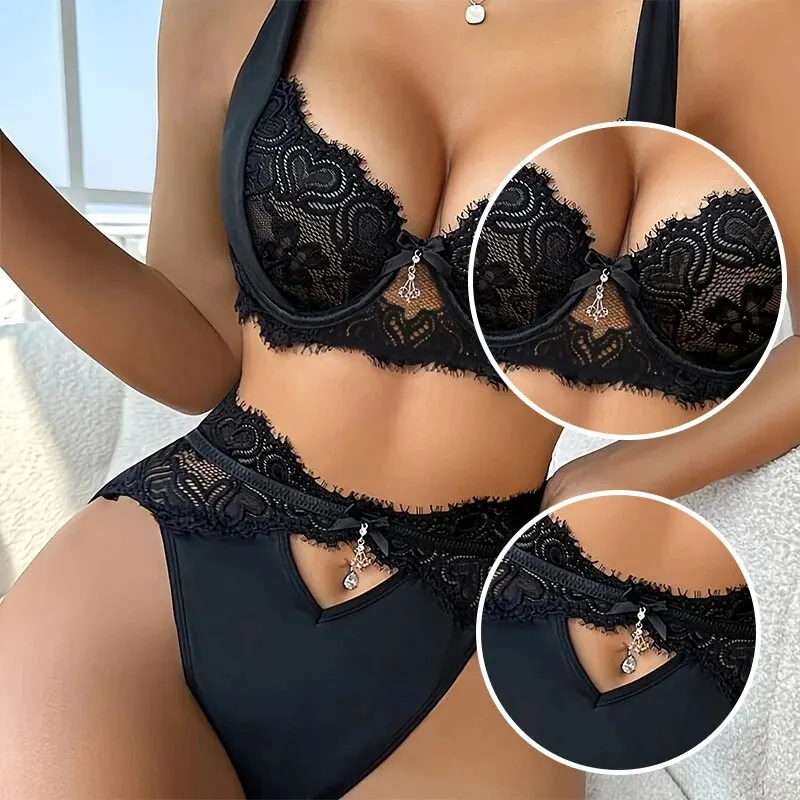 Women\'s Sexy Lace Lingerie Set with Black Lace Patchwork and Pendant Decoration for Women Sexy Bra Set