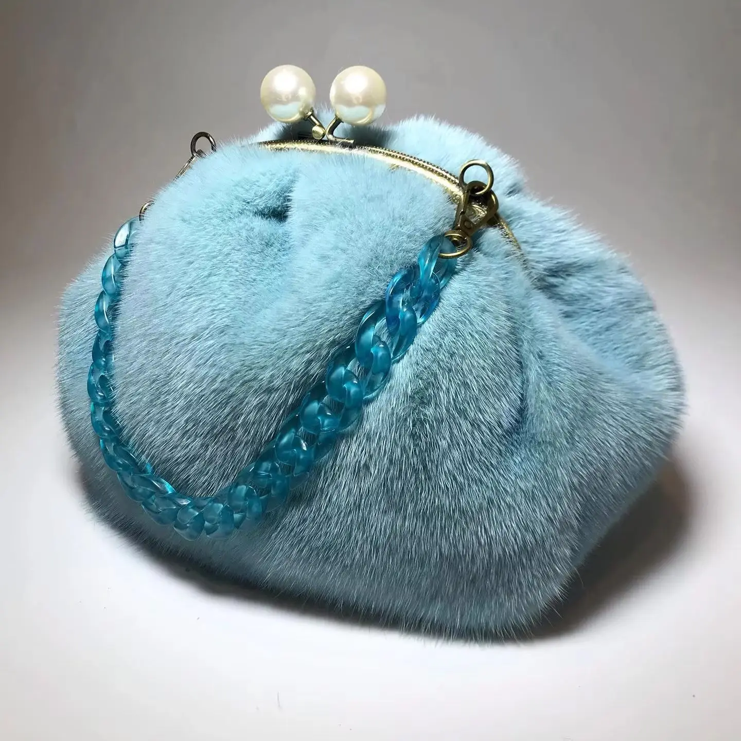 Lost in Vintage Mink Soft Bag Swamp Fur Mink Bag Balls Pearl Kiss-lock Large Purse Puffy Clutch 22x18x11cm