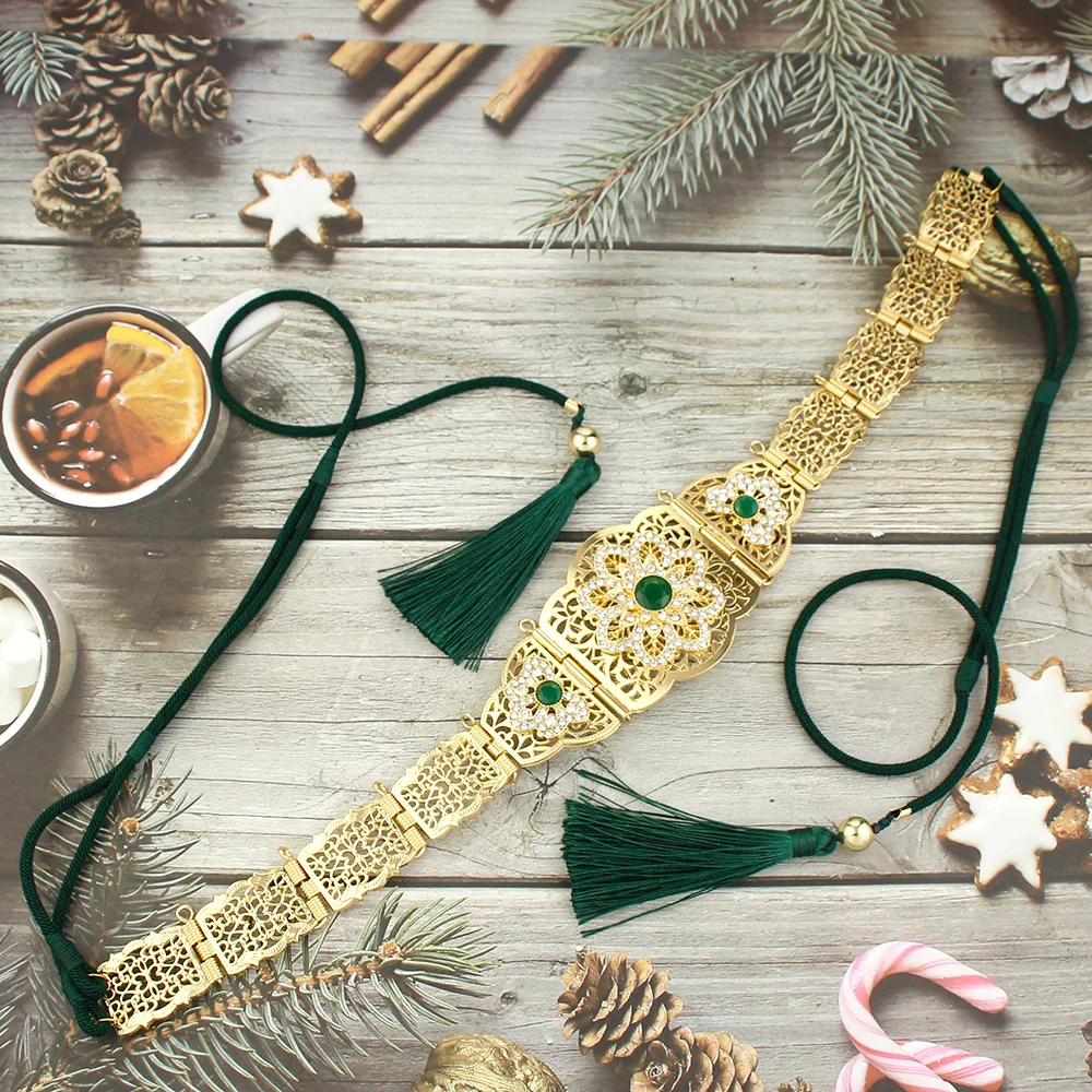 Sunspicems Morocco Bride Rope Belt for Women Gold Color Metal Flower Caftan Belt Arabic Robe Waist Chain Hand-knit Rope Bijoux