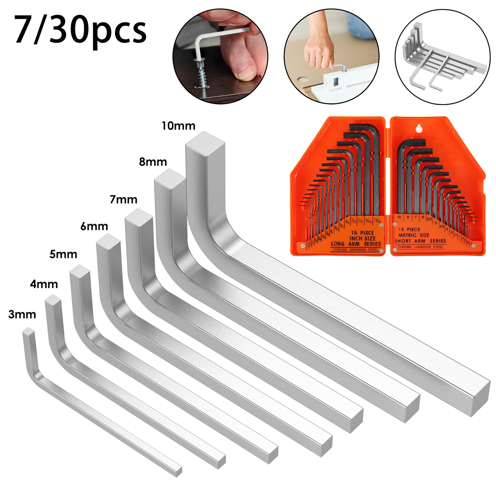 7Pcs L Shape Square Head Wrench Kit 3/4/5/6/7/8/10mm Chrome Vanadium Steel Wrench Screwdriver Hand Tool for Furniture Repair