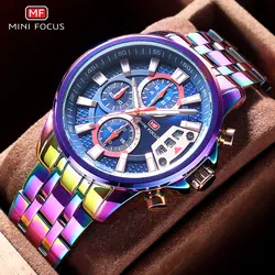 MINI FOCUS Motley Watches for Men Fashion Sport Chronograph Quartz Wristwatch with Date Luminous Hands Stainless Steel Strap Man