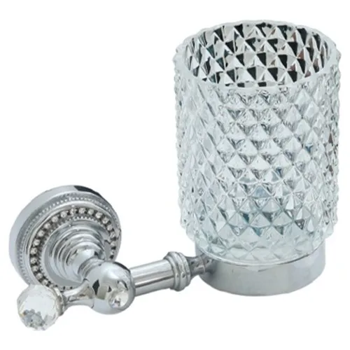 Queen Chrome Mount Brass-Diamond Shaped Glass-Stone Pattern Tooth Brush Holder 9206