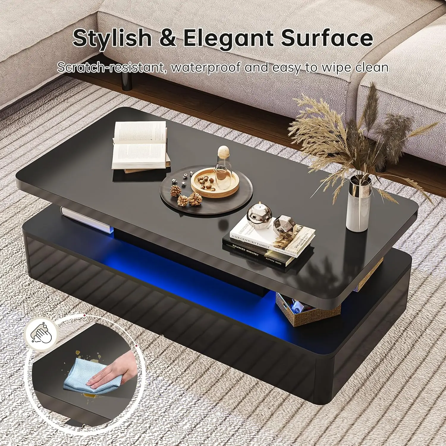 Mesa de centro LED moderna, mesas de salón de 40" con luces LED de 16 colores, diseño de doble capa, mesas de centro elegantes