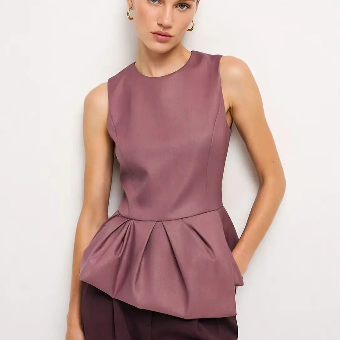 

026 Women's Round Neck Sleeveless Peplum Top, Solid Woven Fabric Vertical Seam Fitted Waist Gathered Flared Asymmetric Hem Forma