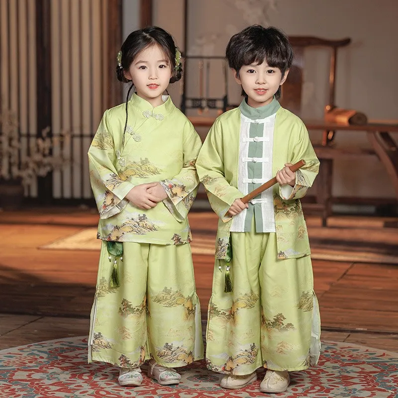 Kids Ancient Chinese Tang Suit Hanfu Vinatge Traditional Dance Perform Costume Boy And Girl Martial Arts Student Uniform Cosplay