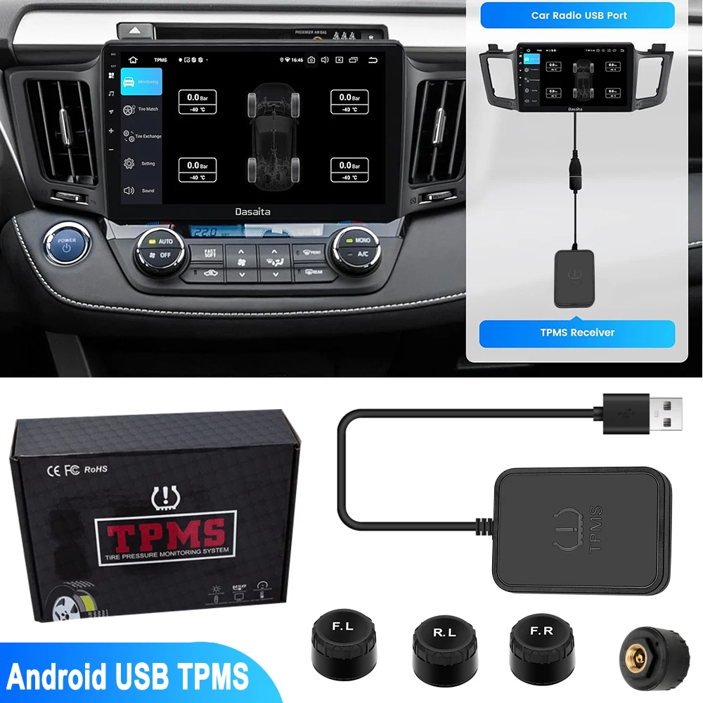 

0-8Bar USB TPMS for Car Android Navigation Radio DVD Player Tire Pressure Alarm Monitoring System Tyre External Sensor USB TPMS