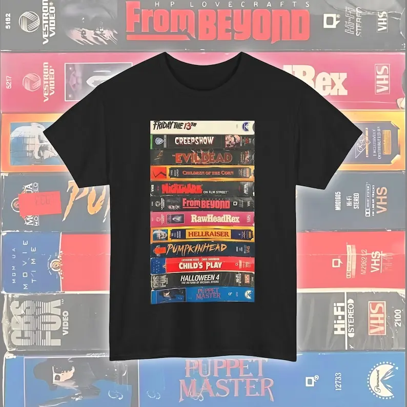 Camiseta VHS Horror Stack, regalo retro para amantes de la película de los años 80, camiseta de Halloween, camiseta de fan de película de miedo, camiseta unisex de algodón pesado