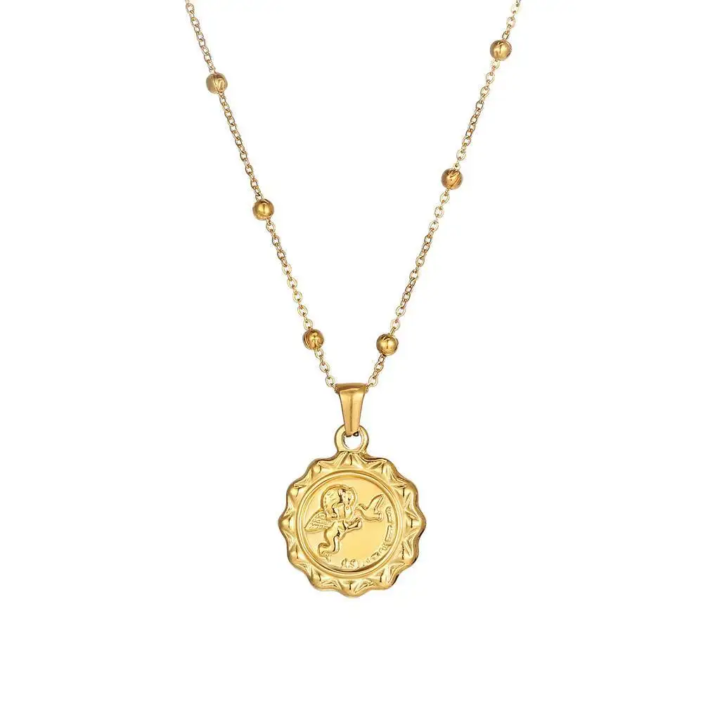 Women Delicate The Angel Cupid Coin Pendant Necklace Jewelry In Stainless Steel