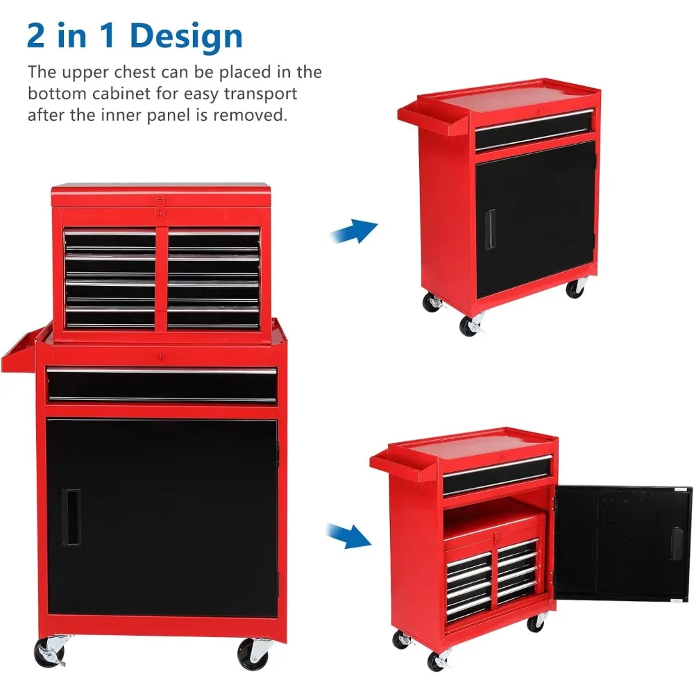 5-Drawer Rolling Tool Chest with Lockable Wheels, Detachable Top, Adjustable Shelf, Mechanic's Tool Storage Cabinet