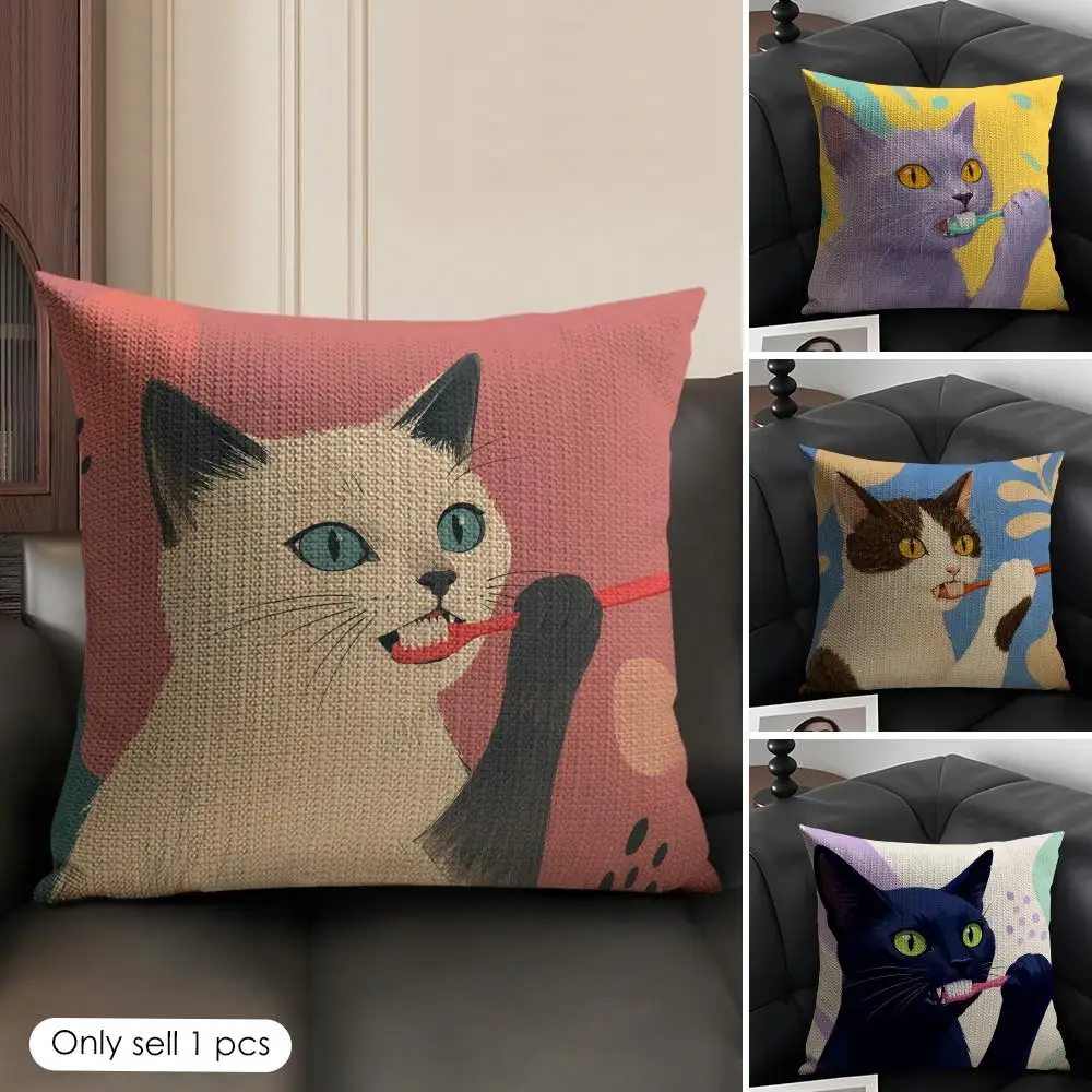 Black Cat Brushing Teeth Cushion Cover Linen Organic Fabric Double-Sided Printing Sofa Breathable Home Decor Gift Pillow Case