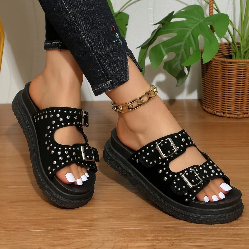 Summer Women Rhinestone Open Toe Slide Sandals Platform Non Slip Comfortable Casual Shoes for Daily Outdoor Beach Vacation Wear