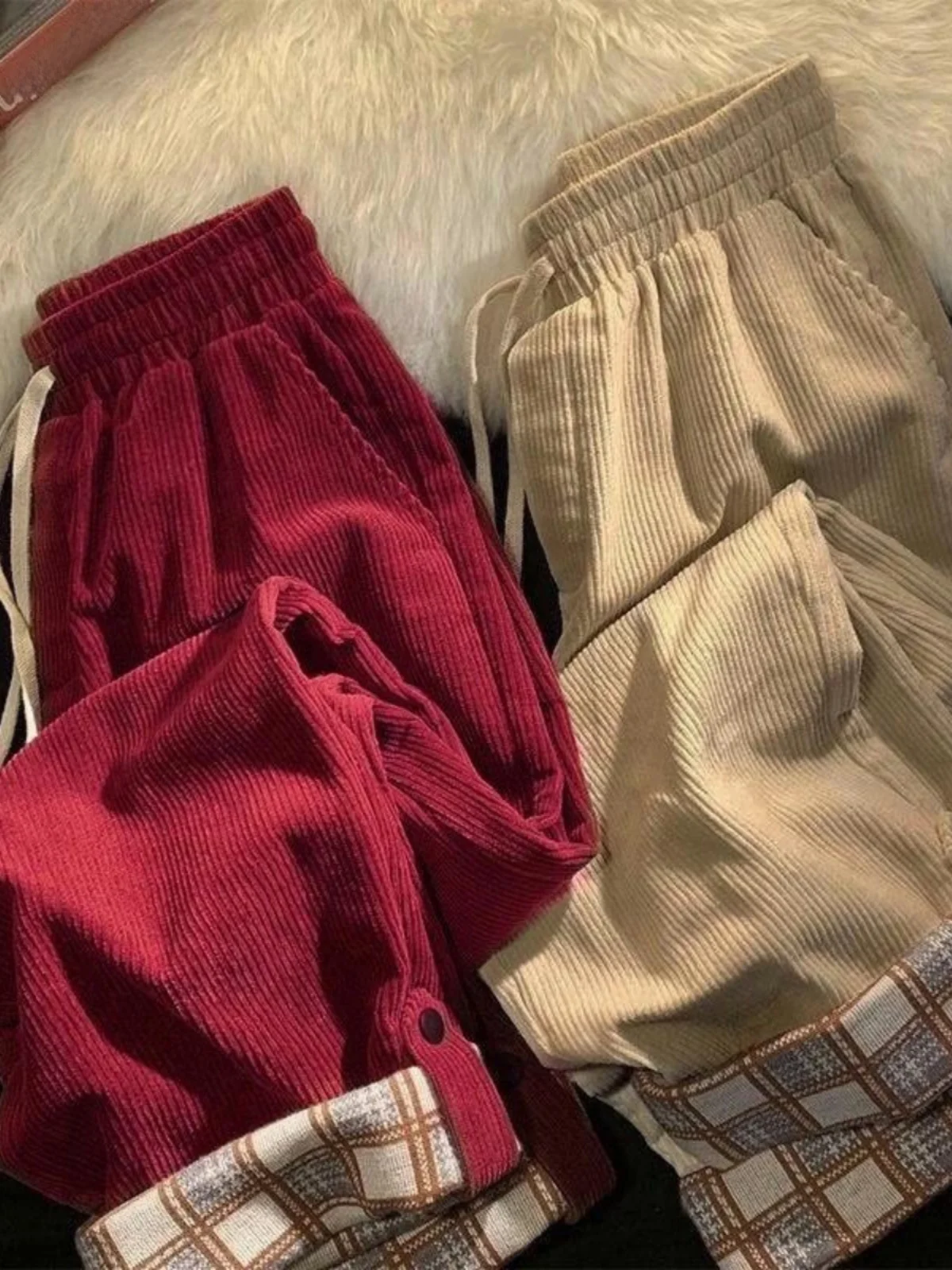 Pantalones de pierna ancha de pana con forro Fce para mujer de talla grande, pantalones de corte recto de cintura alta, pantalones coreanos para ir al trabajo