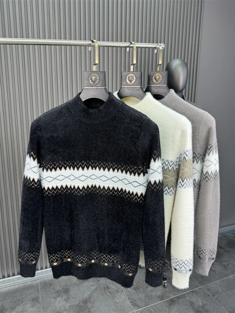 Pampa& Thickened Double-Sided Knitted Woolen Sweater Men's Casual Style Half-High Collar Sweater Geometric Pattern Winter ...