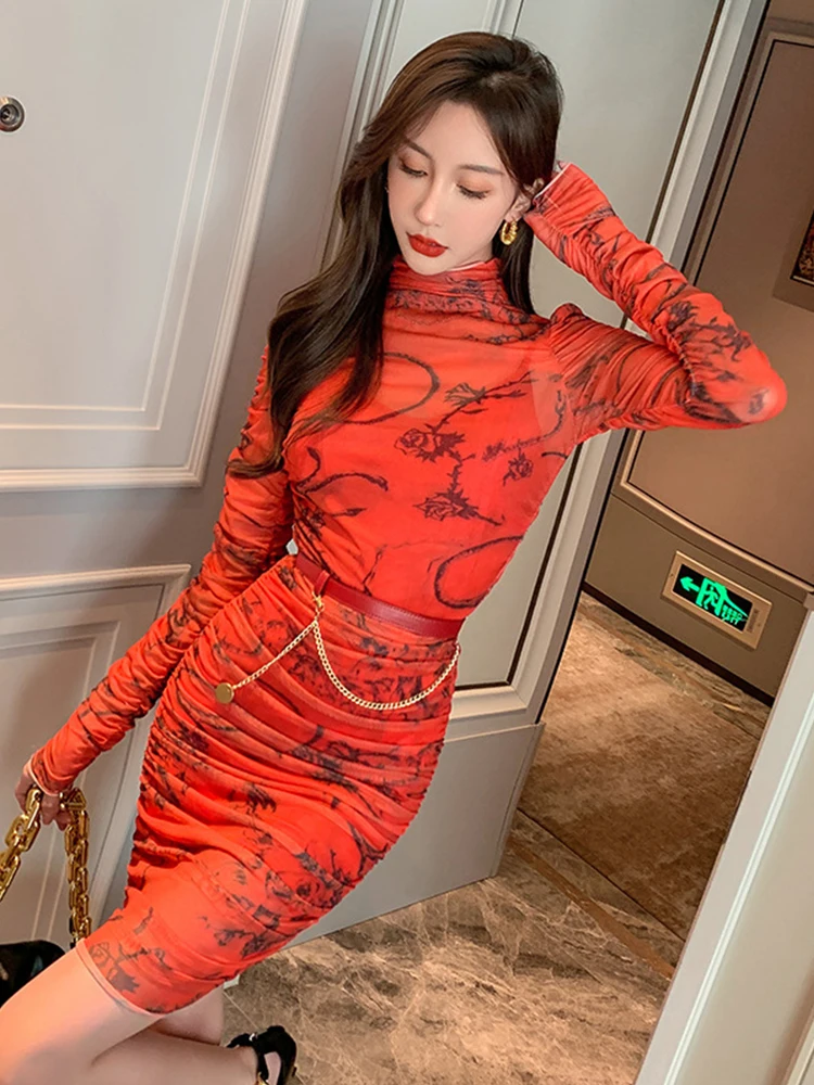 Elegant Sexy Mini Dresses for Woman 2023 Red Perspective Mesh Folds Pleated Long Sleeve Belt Skinny Vestido Street Party Clothes